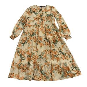 Aly Daly Popover Plunge Long Sleeve Midi Dress Large Cream Yellow Floral Print L